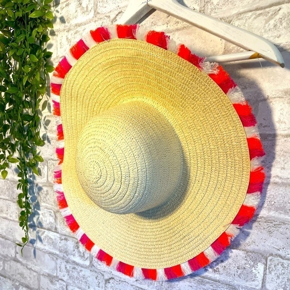 Oversized Fun‎ Beach Pool Pink, White, Orange trimmed Straw Paper Hat - Picture 1 of 7